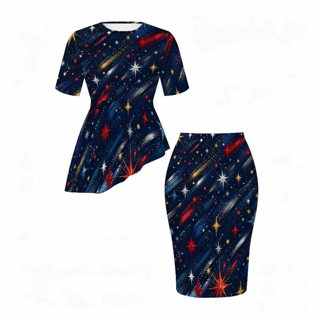 Women Plus Size White Star Printed Round Neck Short Sleeve Two Piece Set Asymmetric Top Pencil Skirt
