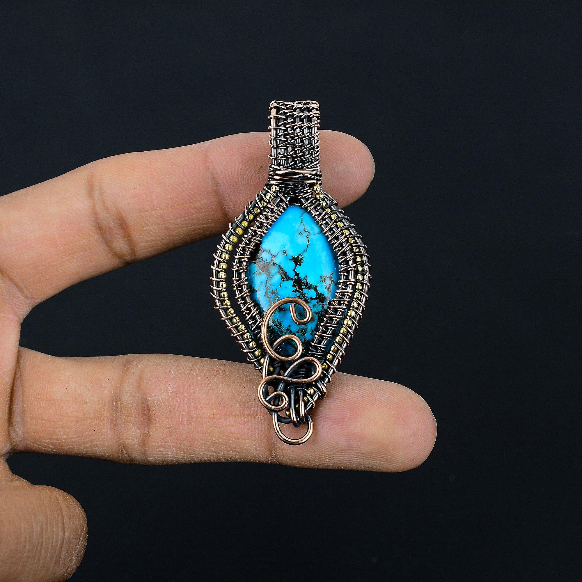 

Подвеска из тибетской бирюзы, ювелирное изделие из драгоценного камня, обернутое медной проволокой 999 пробы, подвеска ручной работы, на День благодарения 2.55 Inches