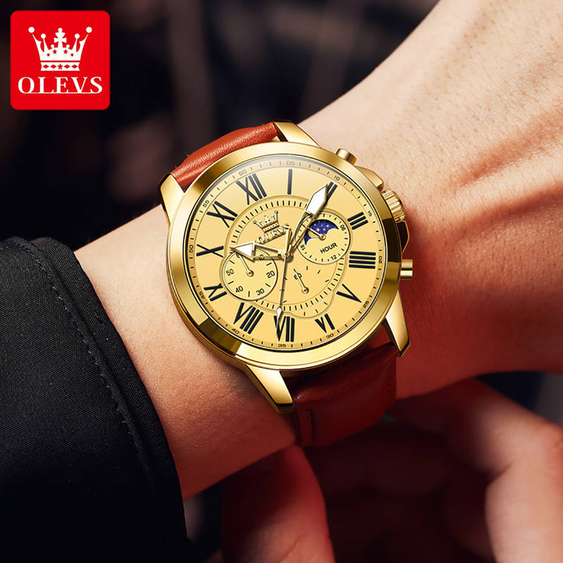 OLEVS Big Dial Roman Scale Quartz Watch For Men Waterproof Luminous Men's Hand Clock Moon Phase Original Fashion Man Watch