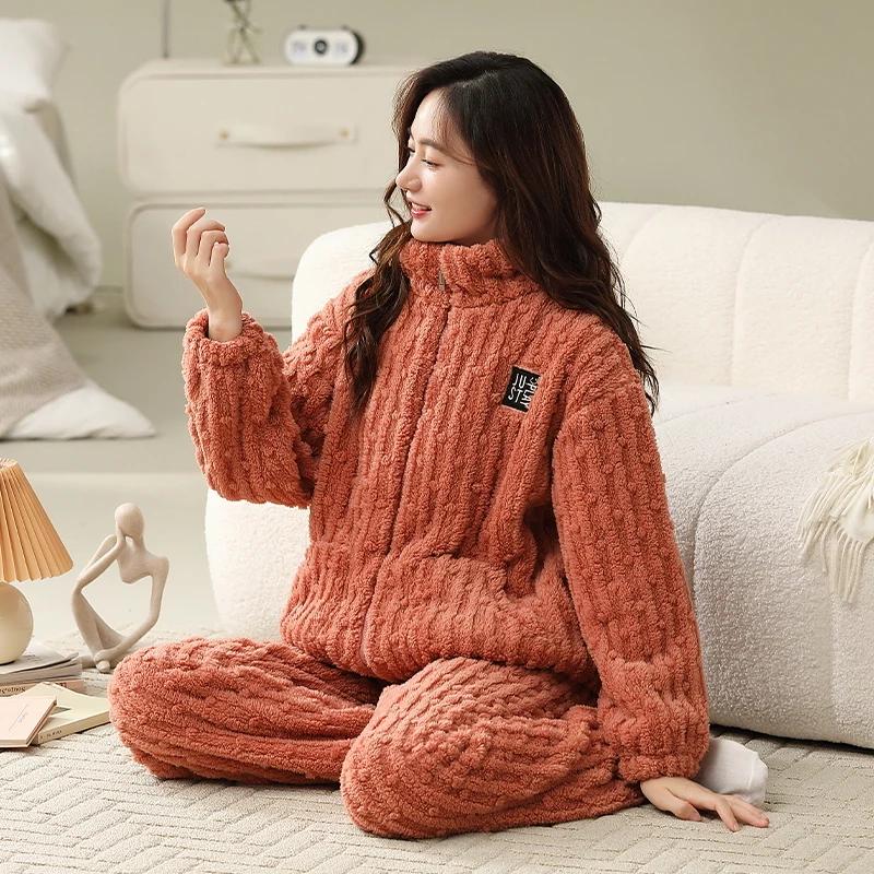 Vinter Tykk Flanell Pyjamas for Kvinner Kvinne Ensfarget Myk Nattøy Varm Velur Cardigan Hjemmeklær Jente Nattøy