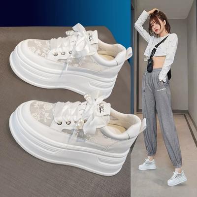 New Chinese Muffin Thick-soled Little White Shoes Women's Autumn Models Mesh Breathable Lace Hollowed Out Casual Inner Height Increase Casual