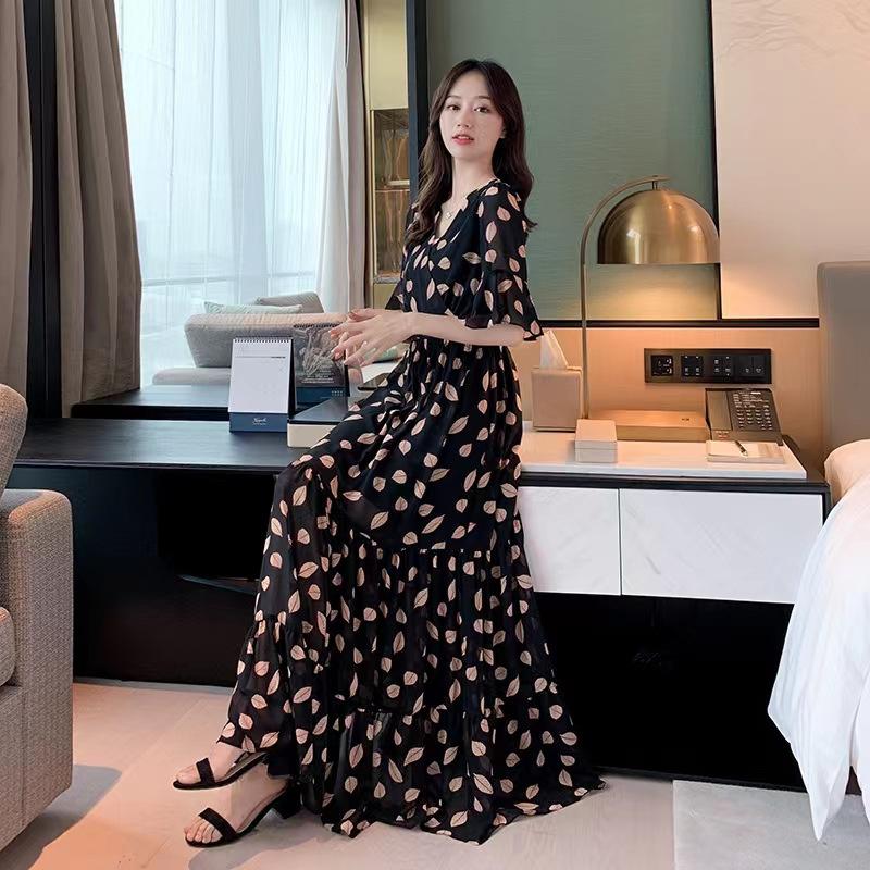 Women's V Neck Five Flutter Sleeve Black Leaf Print Chiffon Maxi Dress High Waist A Line Elegant Summer Vacation Long Dress
