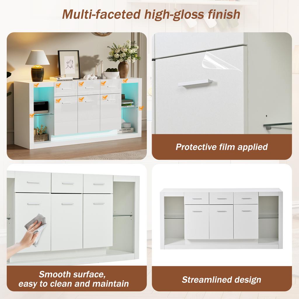 160*40*75cm Side Cabinet with LED Light Strip and 3 Drawers, Chest of Drawers with 14 Storage Compartments, Tempered Glass Bottom Panel, White