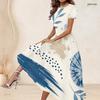 Women Plus Size Round Neck Short Sleeve Blue White Beige Printed Gathered Waist A Line Long Dress