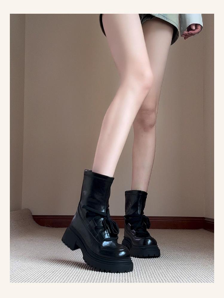 

Cowhide~ Autumn and Winter Spice Girls Small Skinny Boots Short Boots 2025 Spice Girls Retro Style Strap Platform Martin Boots Women 40 чорний