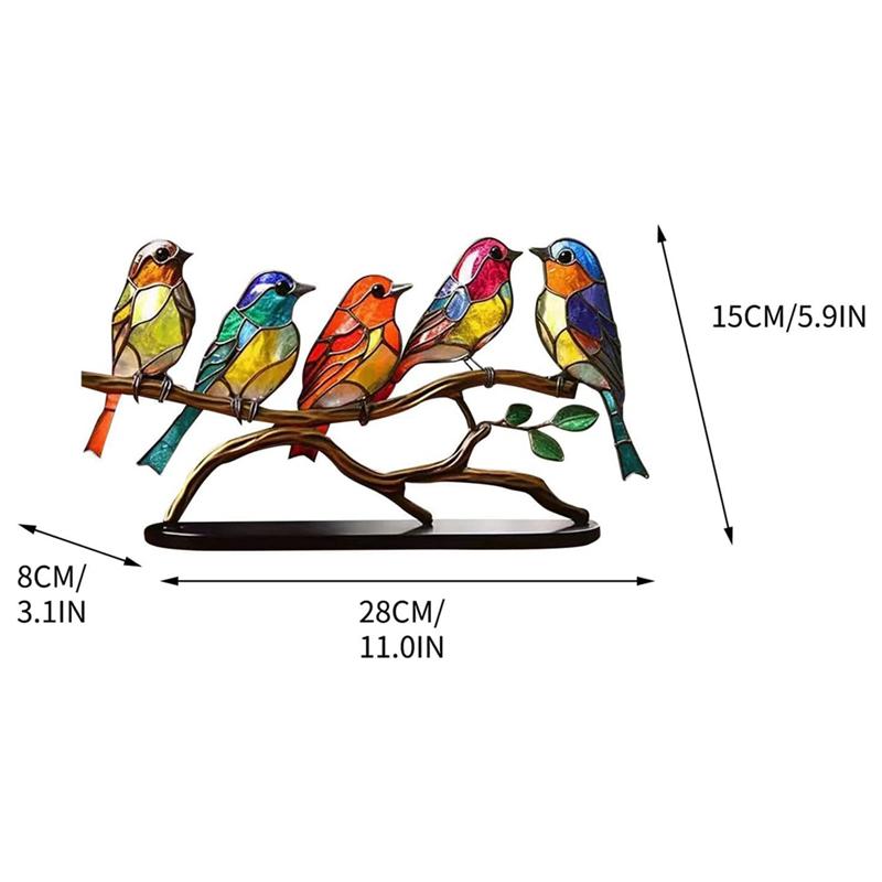 AEE2-Bunte Vögel auf Ast Schreibtischornamente, Mehrfarbiges Vogel-Buntglas-Metall-Schreibtischornament, Buntglas-Eisen-Ornament 28 X 8 X 15Cm
