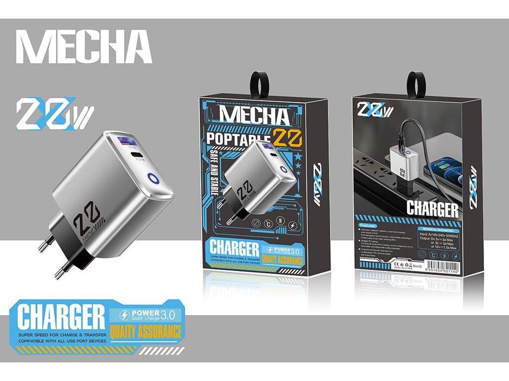 Metallic 20W Type-C Charger European Standard with Mini USB+PD Fast Charging Head