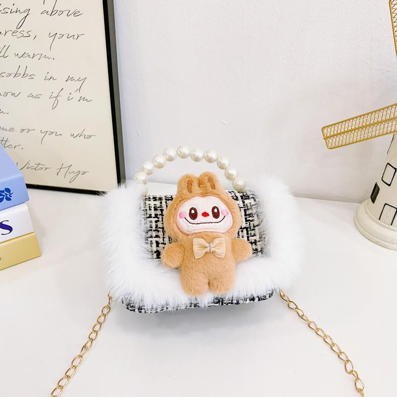 Labubu Children's Plush Lace Pearl Shoulder Bag - Crossbody Storage for Kindergarten Kids