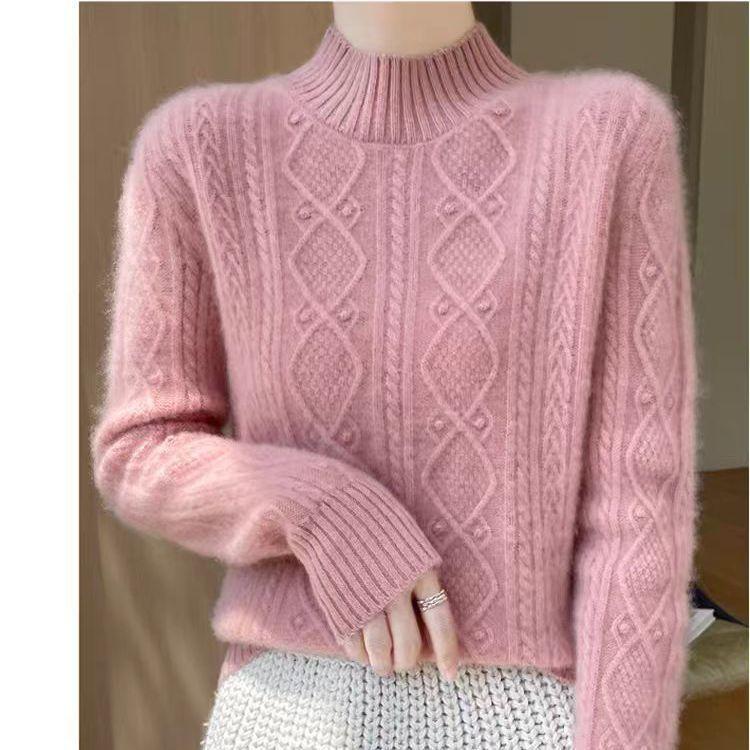 

Женский вязаный свитер с высоким воротом, повседневный стиль, однотонный, длинный рукав, осень/зима, водолазка, трикотажное полотно, модный пуловер 2XL розовый