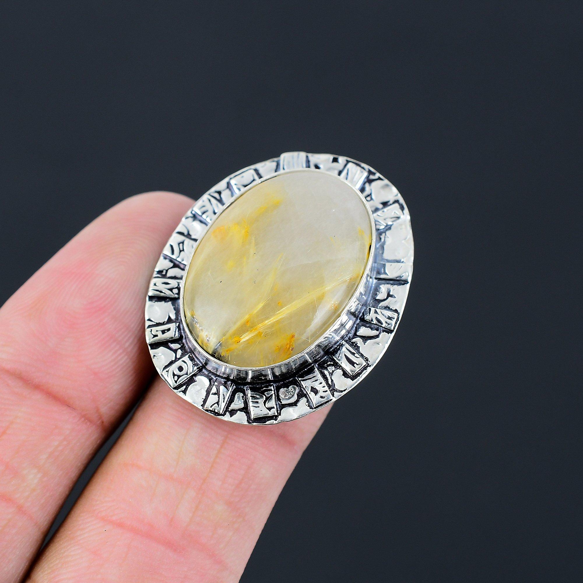 Oval Golden Rutile Stone 925 Sterling Silver Stackable Wedding Ring Jewelry US 8 8