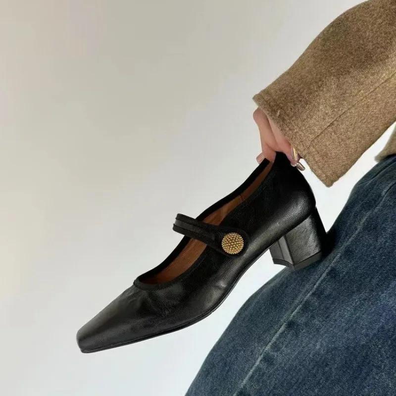 Fashion French Square Toe Dress Mary Janes Shoes Spring New Shallow Mouth Buckle Belt Mid Heeled Retro Pumps Zapatos Mujer