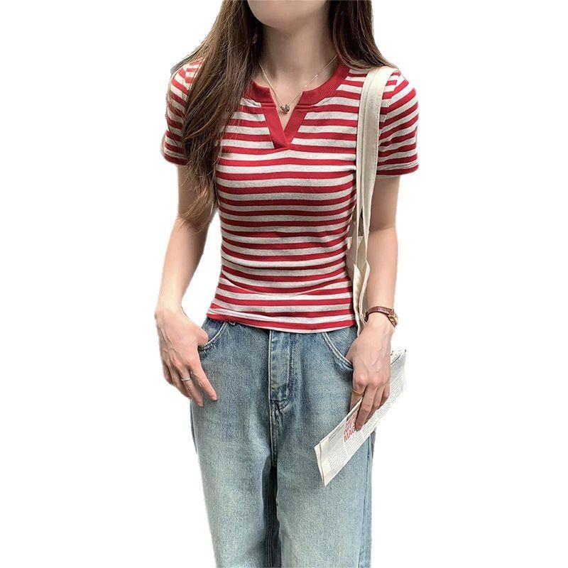 Spice Girl Striped Contrast Color Half Open Neck Front Shoulder Short Sleeve T-Shirt Women's Summer New Slim Skinny Versatile Top