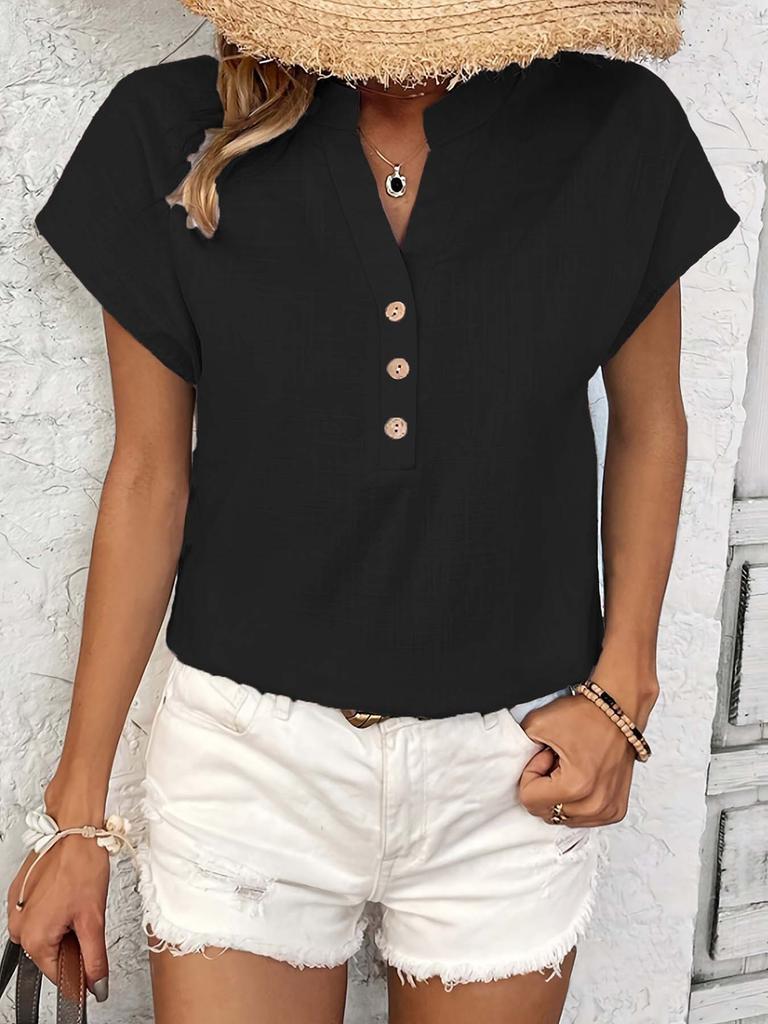 New Retro Cotton Linen Women's Casual Shirt V-Neck Button Short Sleeve Solid Color Linen Top