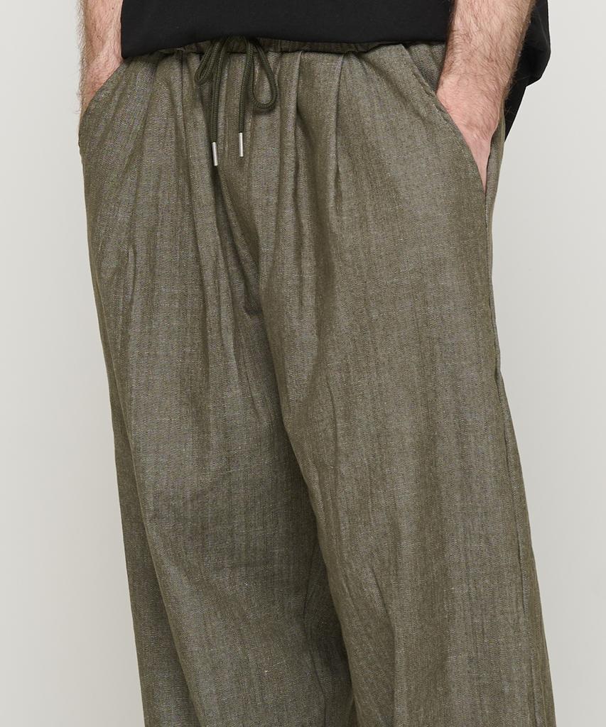 CARGOBROS Double-Pleat Linen Wide Elastic Pants (Khaki)