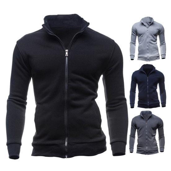 Men Zip-up Sweatshirt Mock Neck Long Sleeve Jacket Solid Color Full Zip Casual