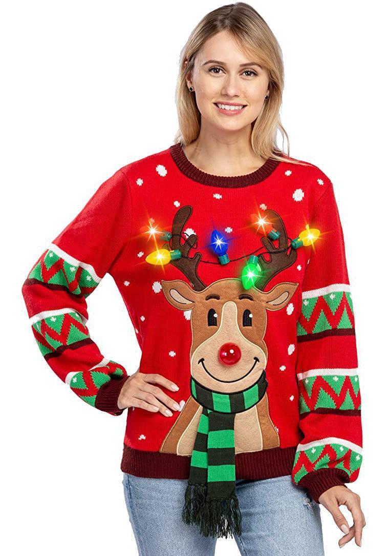 

2022 Bestseller Christmas Reindeer Knit Sweater with LED Lights S красный