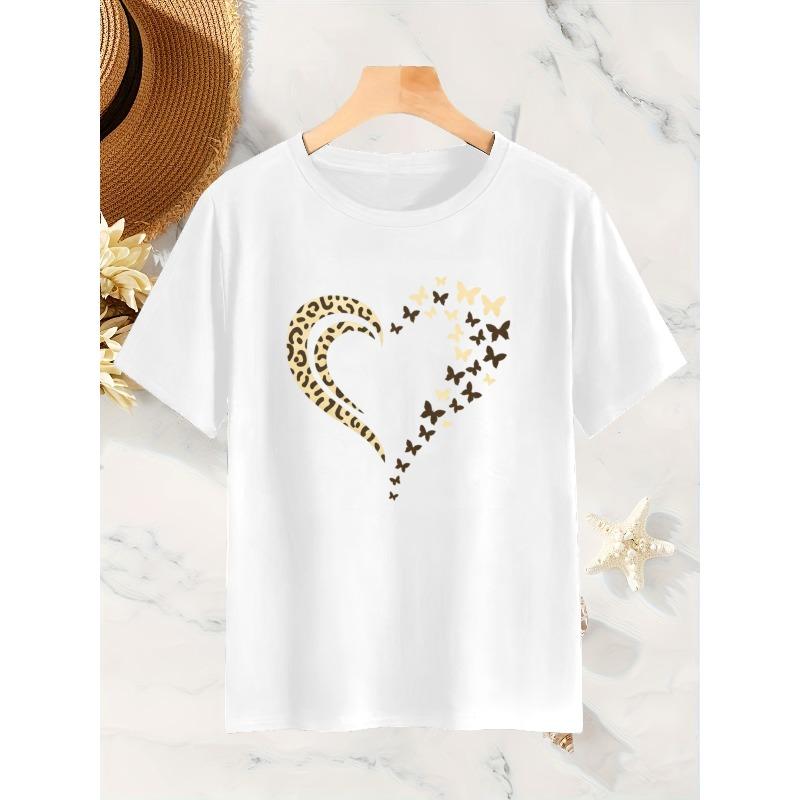 European size Women's Heart and Butterfly Pattern T-Shirt - Short-sleeved T-shirt with Heart Print, Basic T-shirt, Round Neck Top for Spring
