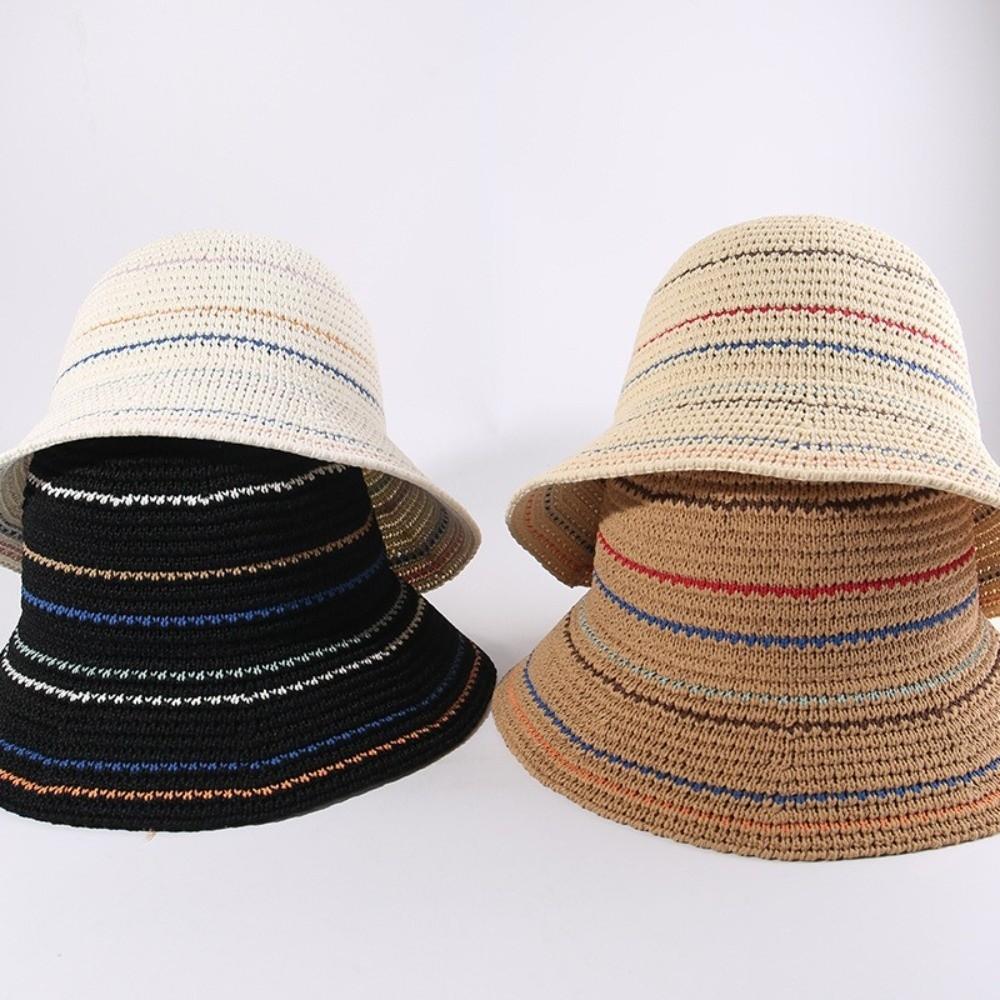 Color-Blocked Striped Knitted Hollow Fisherman Hat Handmade Knit Solid Color Summer Sun Protection Hat Anti-UV Vintage Style