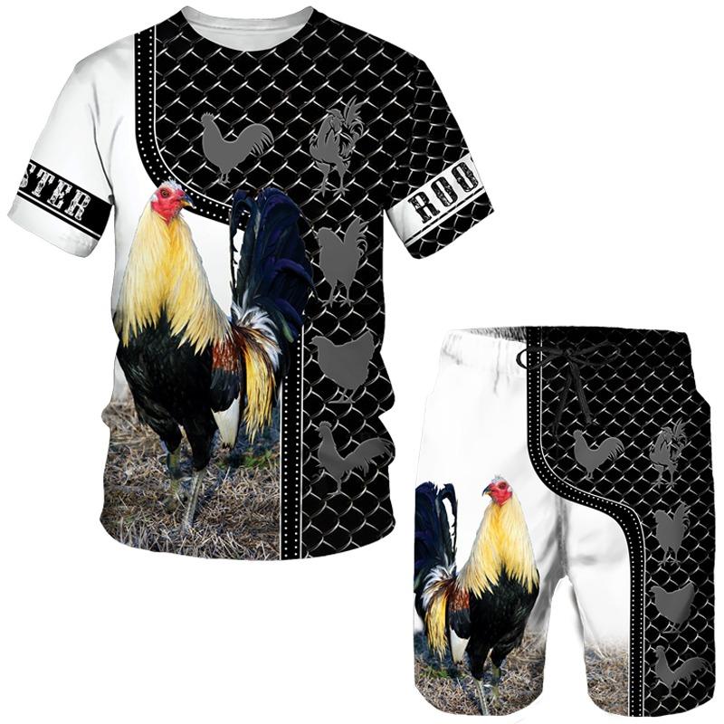 Hahnjagd Sommer Herren 3D-Druck Mann Set T-Shirt + Shorts Outfit Trainingsanzug Hahn Tier Kurze Ärmel 2-teiliger übergroßer Anzug