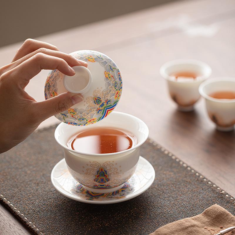 Suet jade wisteria flower three talents cover bowl teacup high-end three-piece set Ru kiln tea making Kung Fu tea set tea bowl can be hovering