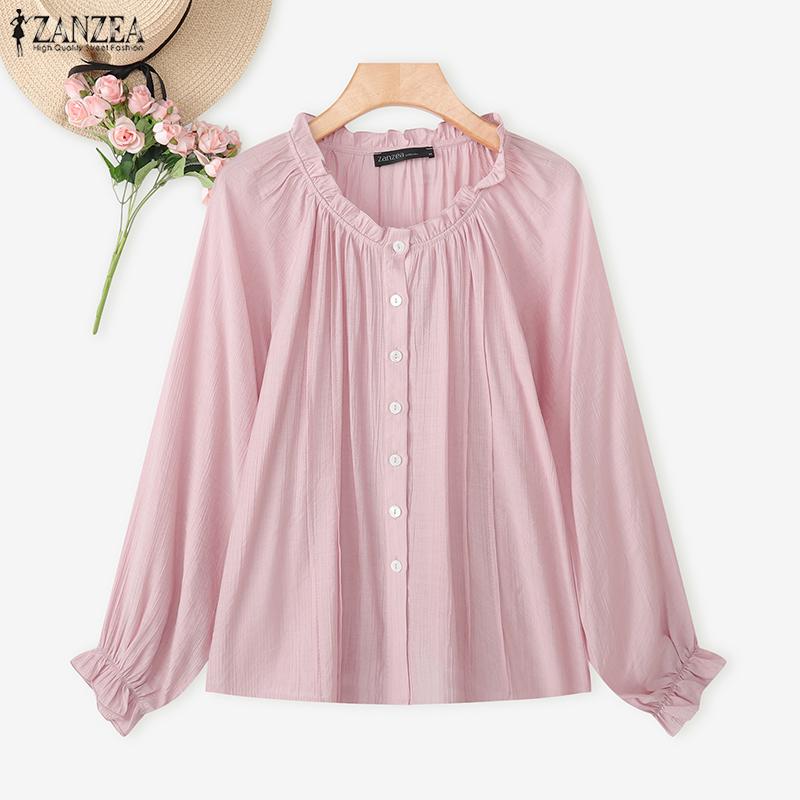 ZANZEA Women Casual Round Neck Loose Long Sleeve Blouse