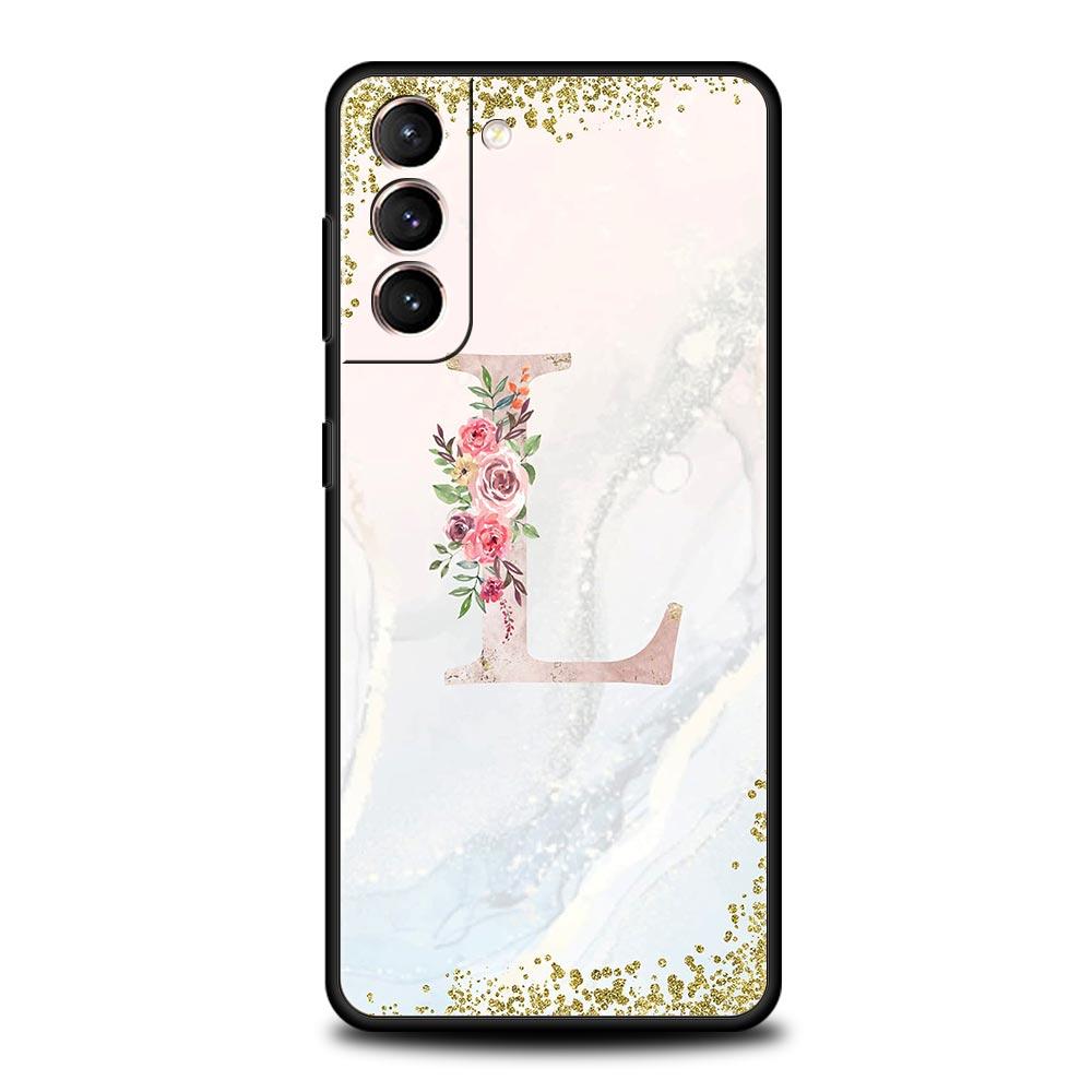 Flowers Letter Phone Case For Samsung Galaxy S26 Ultra S25 Plus S24 FE S23 S22 5G S21 S20 Cover Black Soft