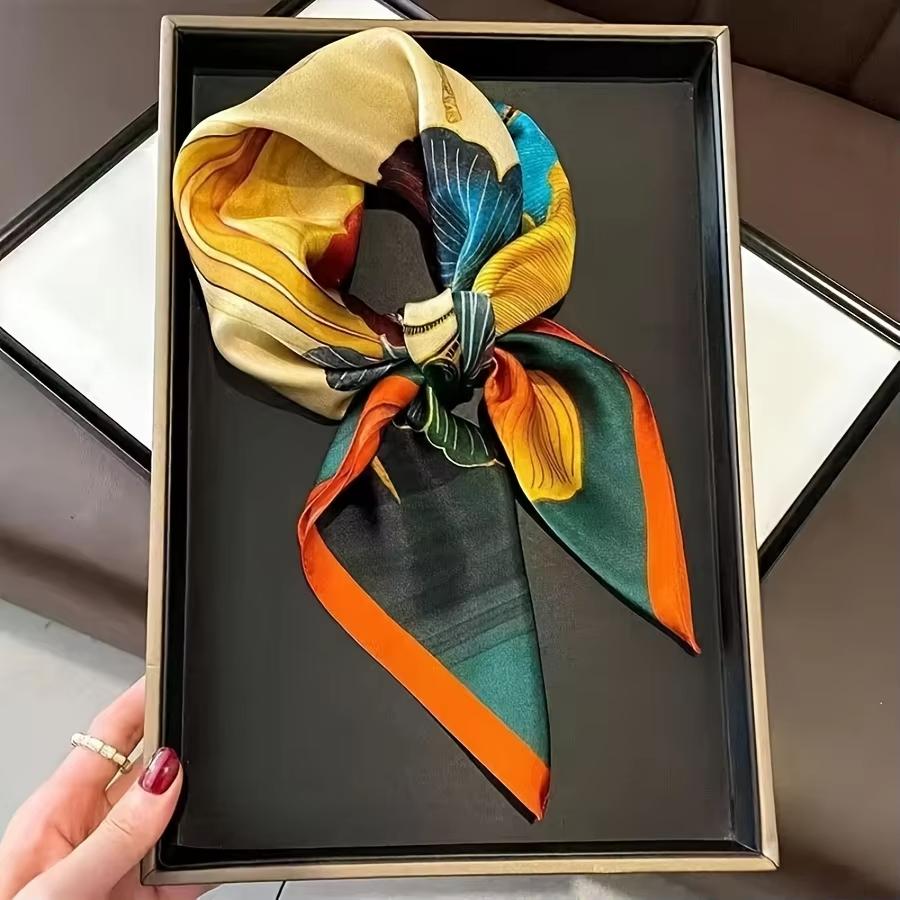 26.77" Green Print Square Scarf Simulated Silk Thin Satin Neck Scarf Elegant Style Professional Decorative Small Scarf For Lady