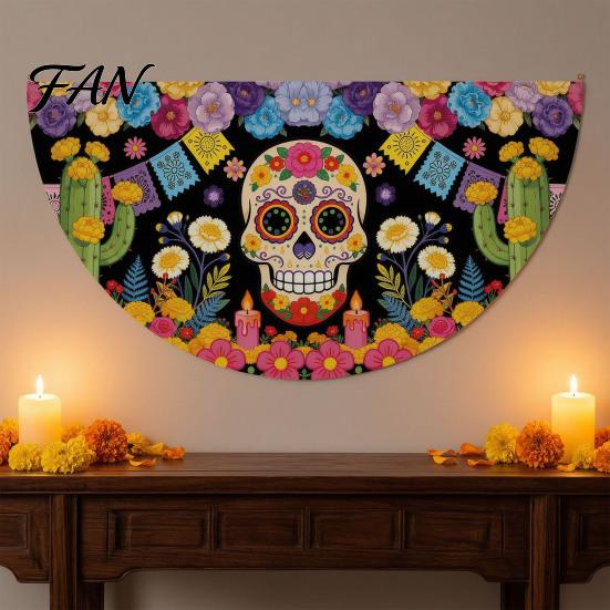 Reusable Party Entrance Sign Day of The Dead Skull Bunting Banner, Marigold Print Fiesta Unique Fan Shaped Banner Hanging Flag, Colorful Sugar Outdoor