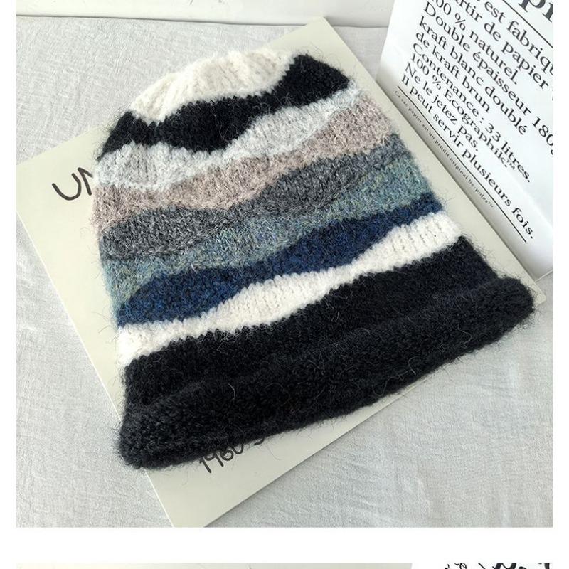 Korean Style Color Block Striped Knitted Beanie Women Autumn Winter Warm Ear Protection Slouchy Cold Hat