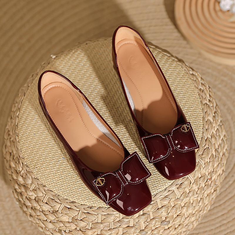 French low-heeled light-mouth single shoes 2025 new spring and autumn women's shoes bow red square head thick-heeled high heels