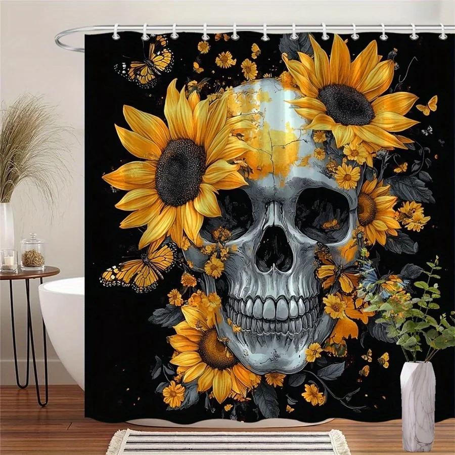 

Skull & Butterfly Shower Curtain - Yellow Sunflowers & Black Butterflies On Dark Background, 12 Hooks, Stylish Bath Decor W60H190(CM)-1 Pcs