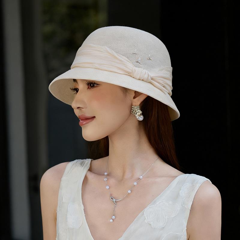 New Sun Hat Women's Summer Sun Protection Hat Breathable Crimped Basin Hat Light Luxury Ribbon Bow Bucket Hat
