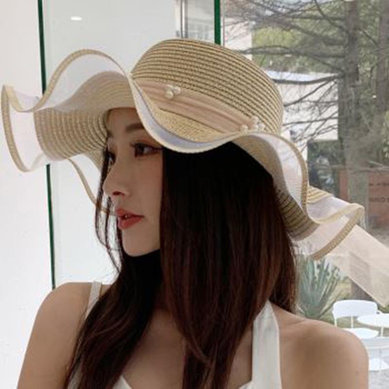 Pearl Decorated Straw Hat Women's Summer Outdoor Beach Visor French Casual Sunscreen Big Eaves Hat