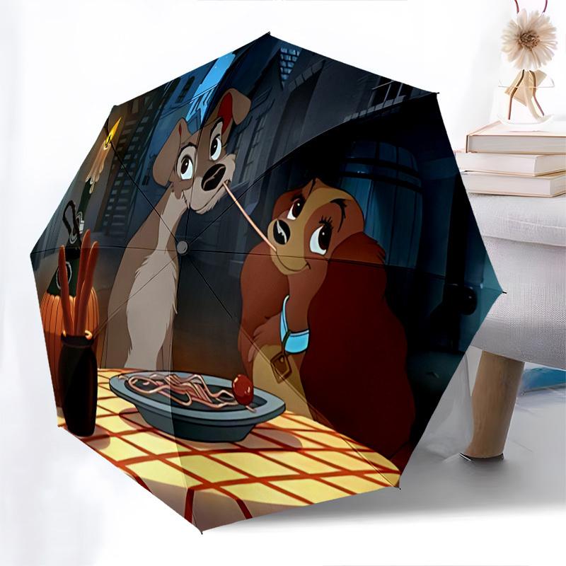 Lady und der Tramp Themen-Regenschirm mit automatischem Öffnen und Schließen, Helle Farbe, 8-Speichen, Tragbar, Geeignet für Männer und Frauen, Ein Pe
