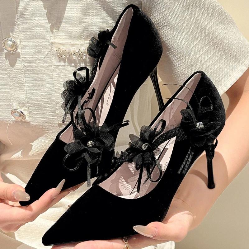 Fashion Elegant Lace Flower Brand Pumps Women Luxury Rhinestone Decoration Designer Shoes High Quality Faux Suede Shallow Evening Shoes