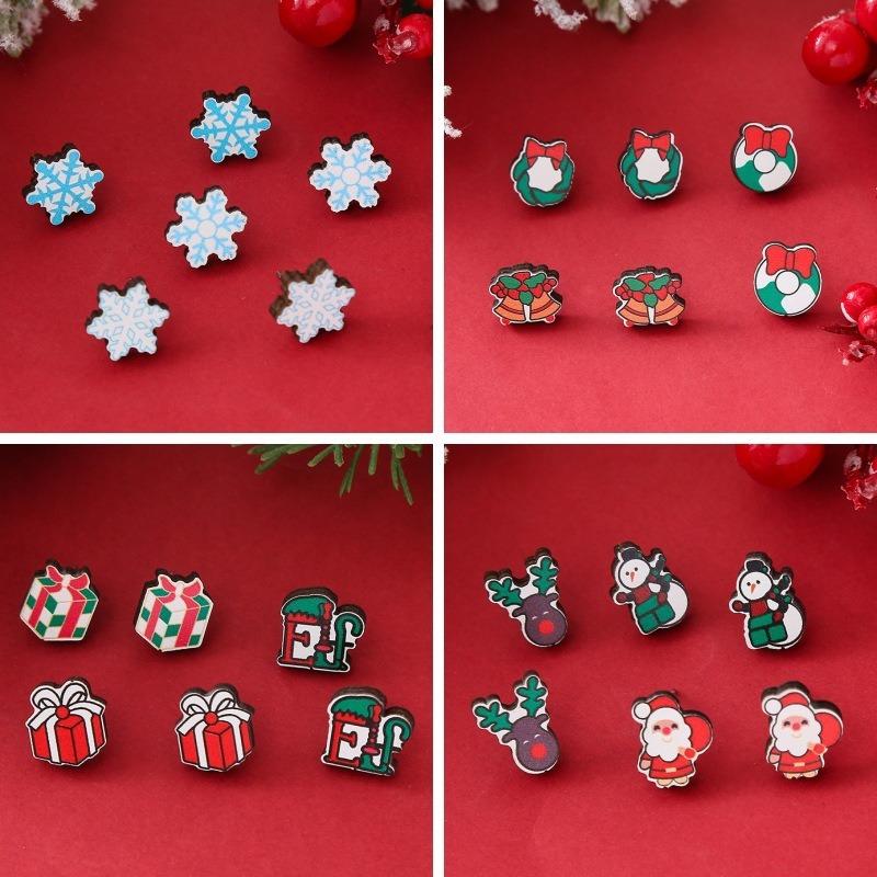 Hot Sale New Christmas Series Wooden Earrings Christmas Tree Bells Snowman Stud Earrings Set