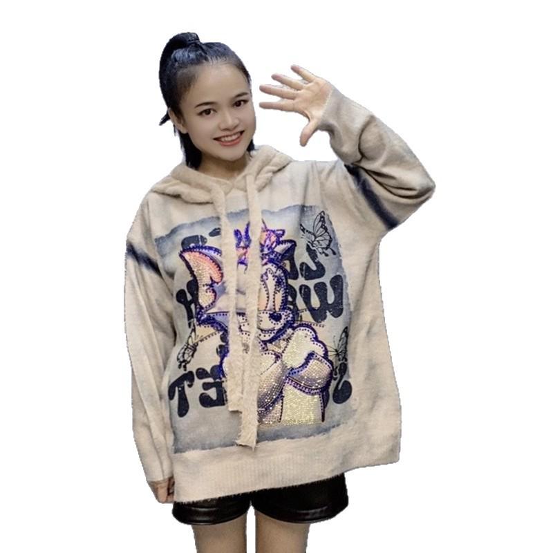 European Trendy Oversized Cartoon Print Sweater - Mid-Length, Hot Drill, Long Sleeve, Round Neck Hoodie
