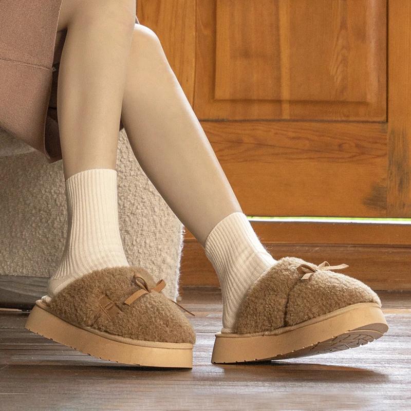 Fashion Fluffy Platform Slippers Women House Flats Cute Bowknot Designer Lovely Winter Shoes Girls Fashion Plush Casual Footwear Elegant