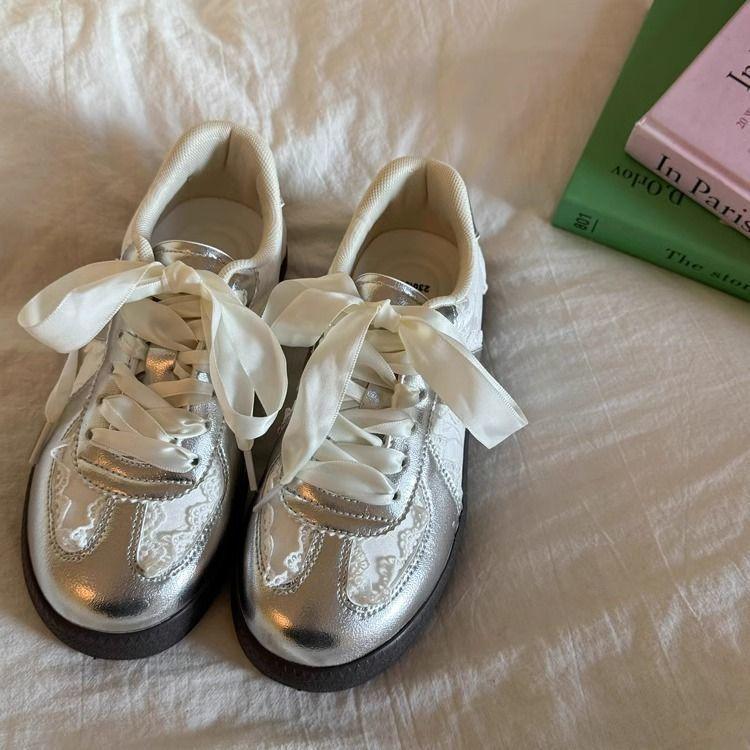 Niche lace training shoes women's new silver shoes ballet casual sports little white Forrest Gump board shoes