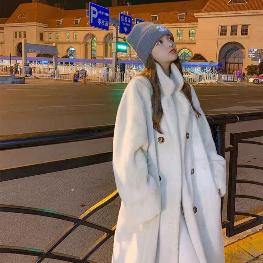 

Пальто с воротником из искусственного меха кролика высокого класса - Толстое, теплое и экологичное для осени/зимы S (40-55 kg)