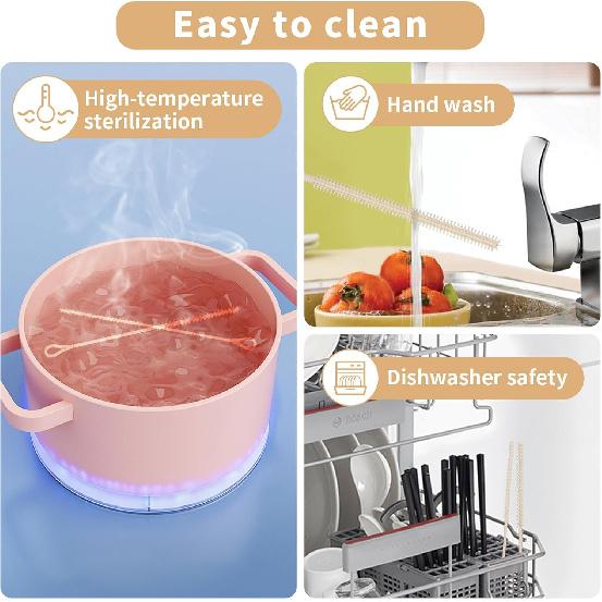 2Pcs Silicone Straw Cleaner Brush, 9.84in Reble Straw Cleaner with Bendable Steel Core, Extra Long Soft Bottle Brush for Clearing Glass Straws,