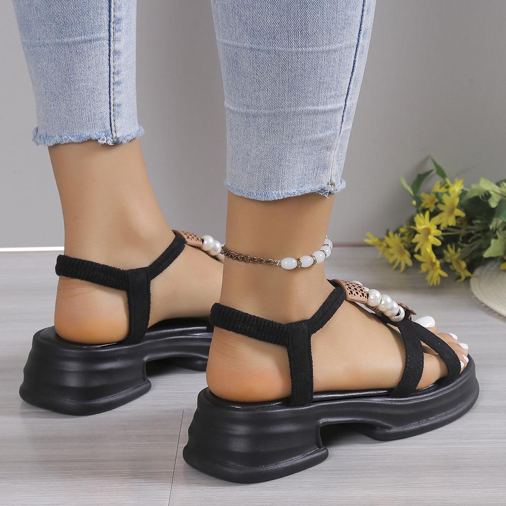 2024 New Arrival Women's Sandals Summer Bohemian Style Open Toe Slip on Thick Heel Platform Beaded Sandals Outdoor Beach Shoes
