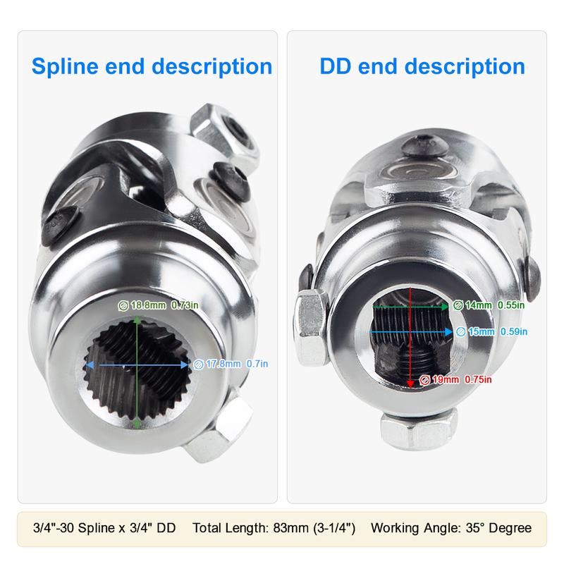 1pc Universal U Joint Single Steering Shaft Working Angle 35°Degree Double Ujoints Shaft 3/4"-30 Spline To 3/4" DD 83mm (3-1/4")