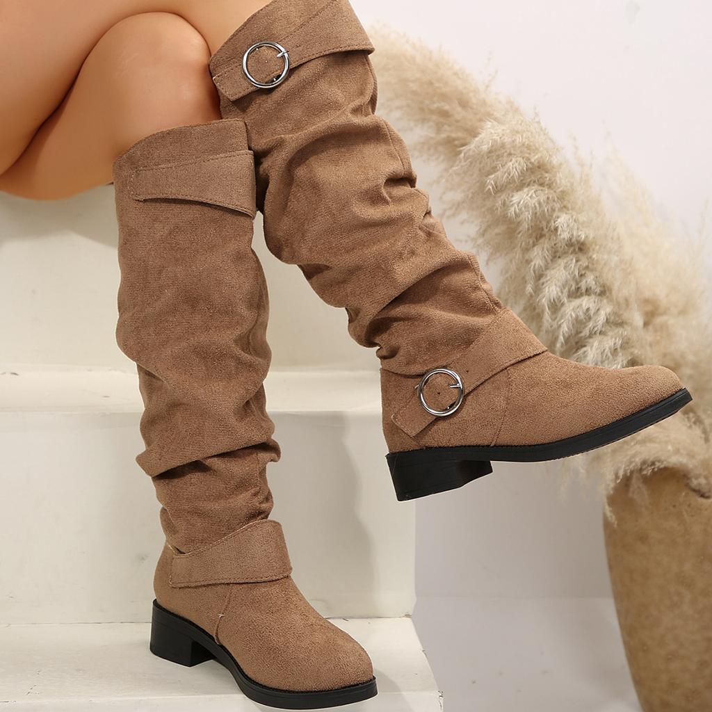 New Plus Size Fall and Winter Pleated Flat Western Cowboy Boots Women's Belt Buckle Boots Thick Heel Slim Long Leg