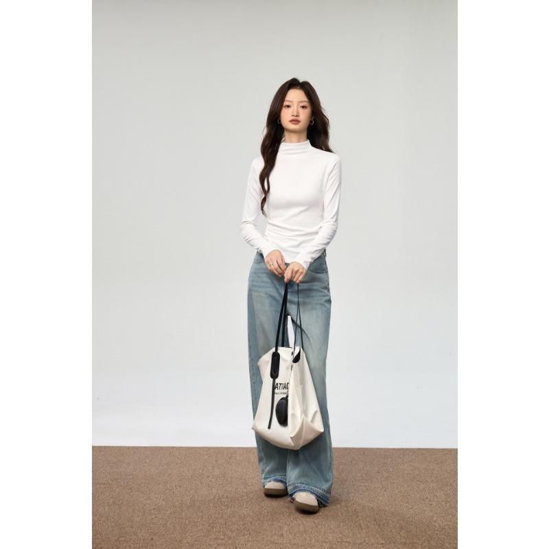 Women Combed Cotton Half Turtleneck Long Sleeve Waist Fitted Pleated Bottoming T Shirt
