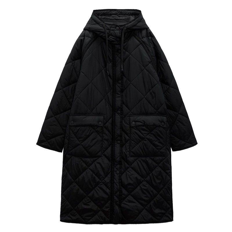 Autumn and Winter New Fashion Casual European and American Hood Loose Mid-Length Rhombus Cotton-padded Jacket Coat Outerwear 2969249