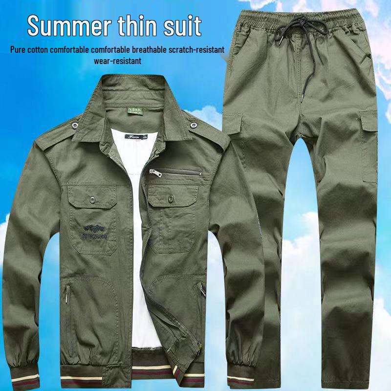 Men's Summer Workwear Set: Thin Cotton Long Sleeve, Wear-Resistant, Stain-Resistant, Ideal for Welding and Auto Repair