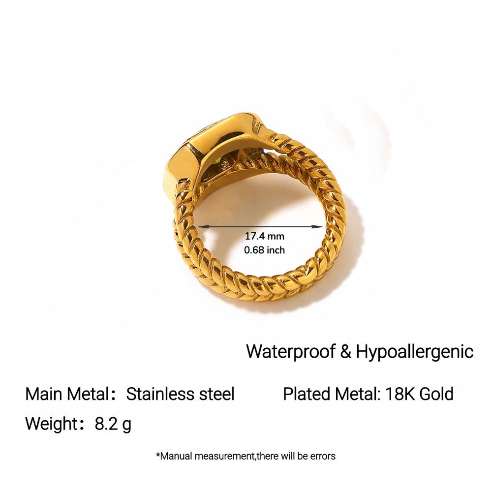 18k Gold Plated Retro French Green Zircon Stainless Steel Waterproof Ring