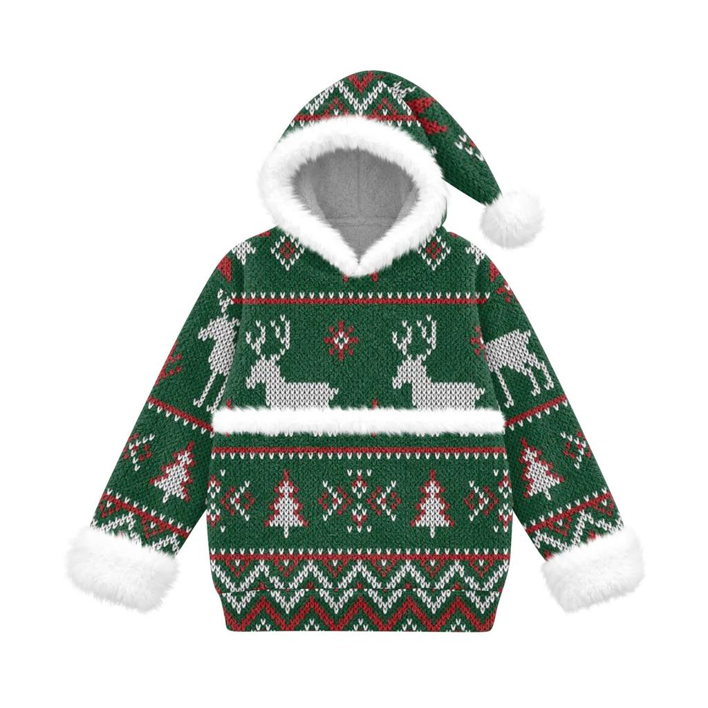 Kids Casual Christmas Pet Print Hooded Sweatshirt with Large Pocket for Holiday Wear