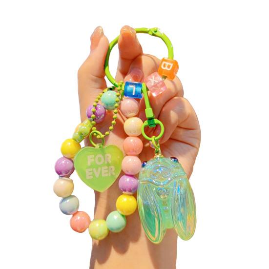 

Keychain Strong Load-Bearing Macaron Color Beads Key Chain with Glitter Cicada Pendant Portable Anti-Lost Mobile Phone Chain Bag Hanger зелений